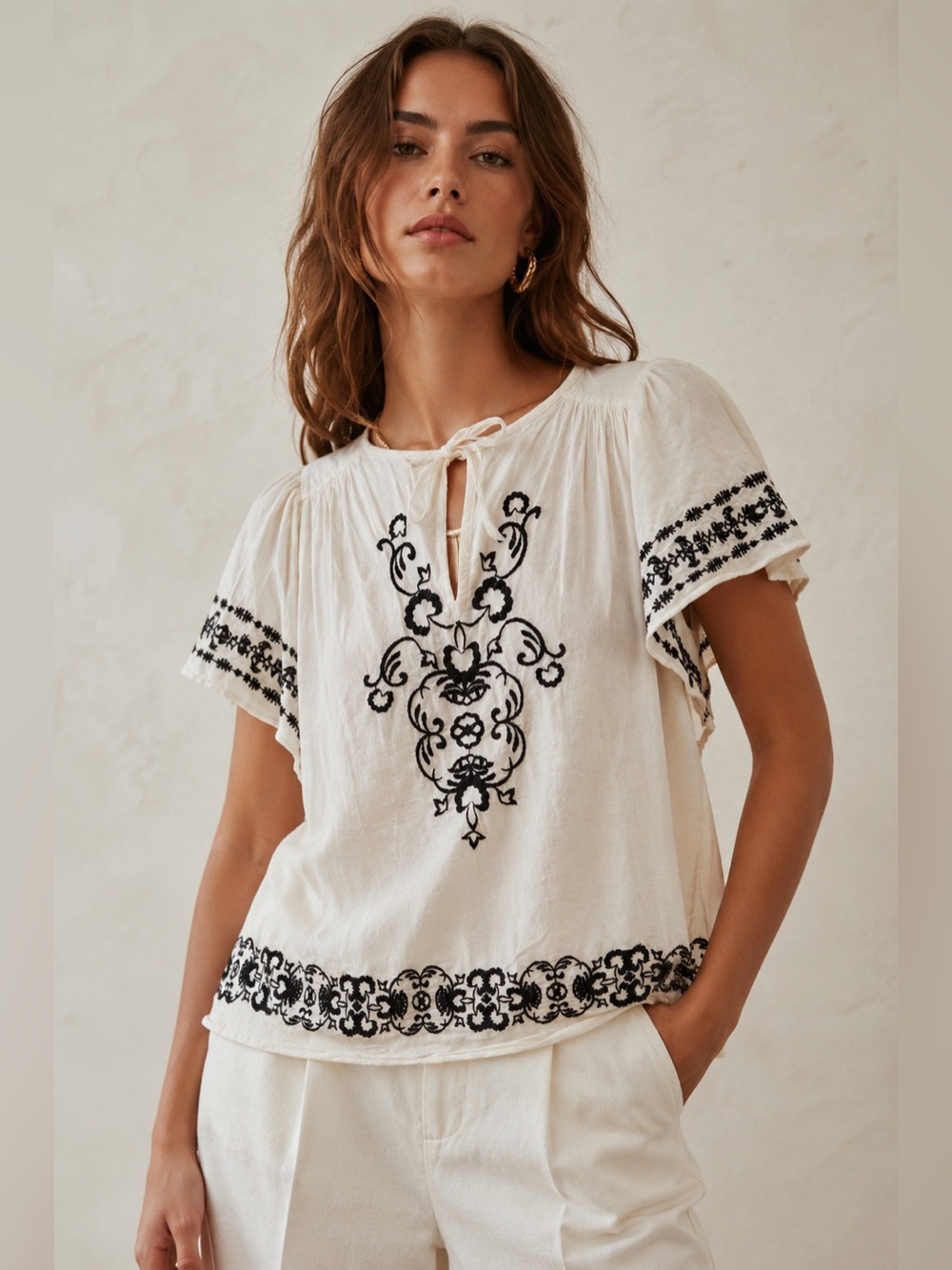 Old Navy Cream Embroidered Boho Peasant Top Black Floral Flutter Sleeve L